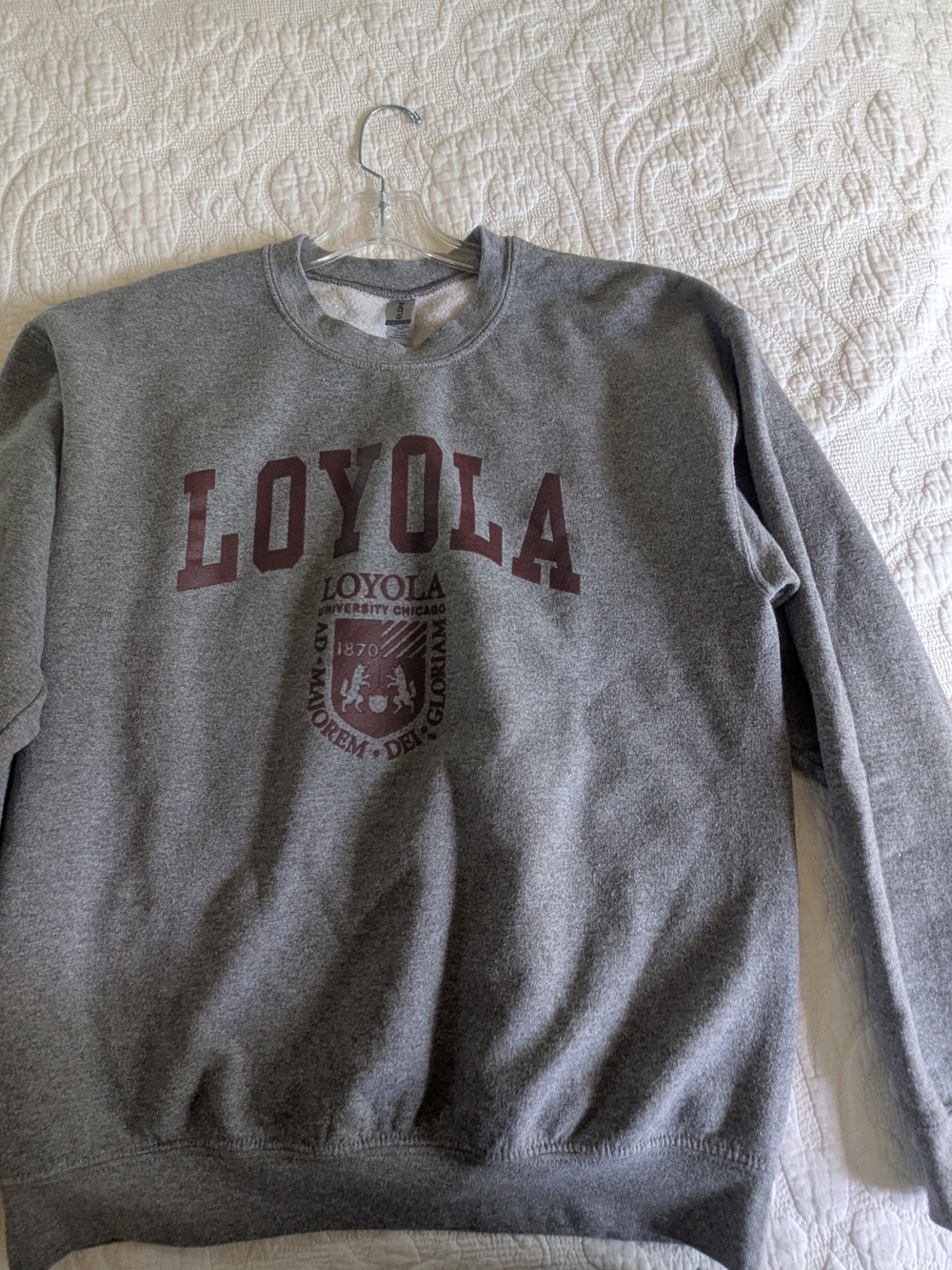 Gildan Collegiate Gray Loyola Crewneck Sweatshirt with Maroon Logo